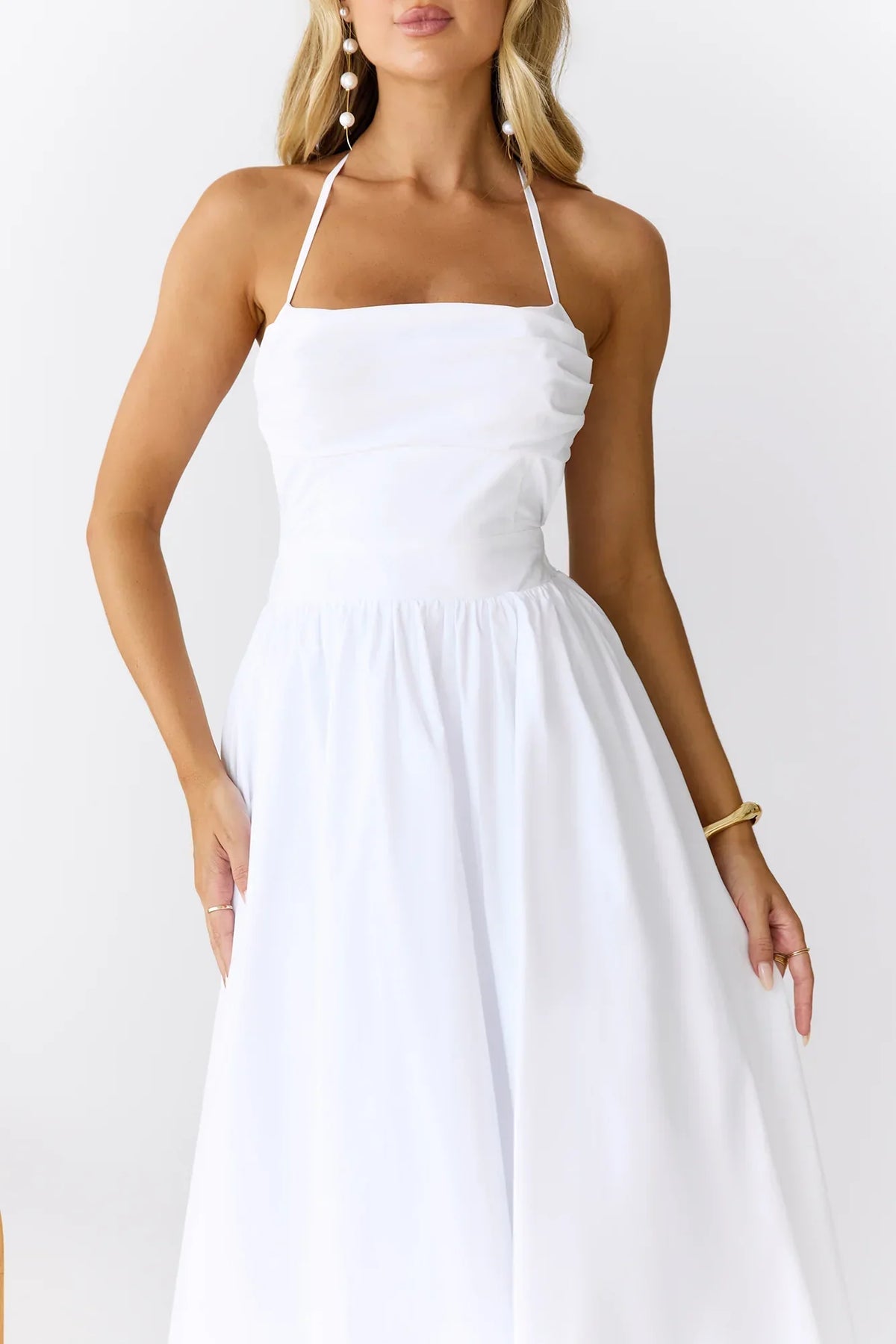 Feathered Snow Halter Maxi Dress White