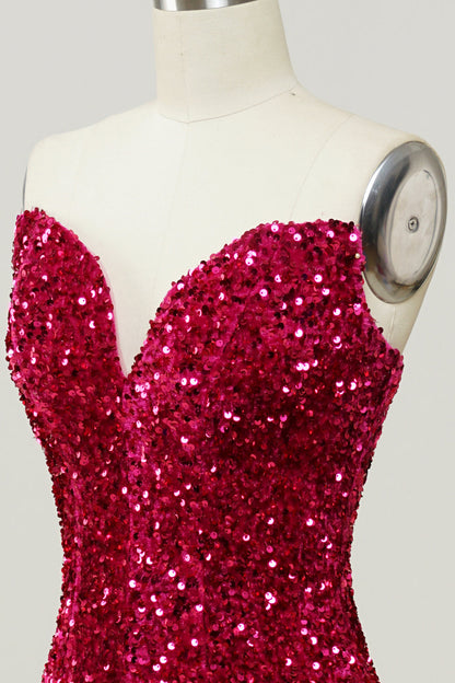Fuchsia Sequin Strapless Mermaid Long Formal Dress