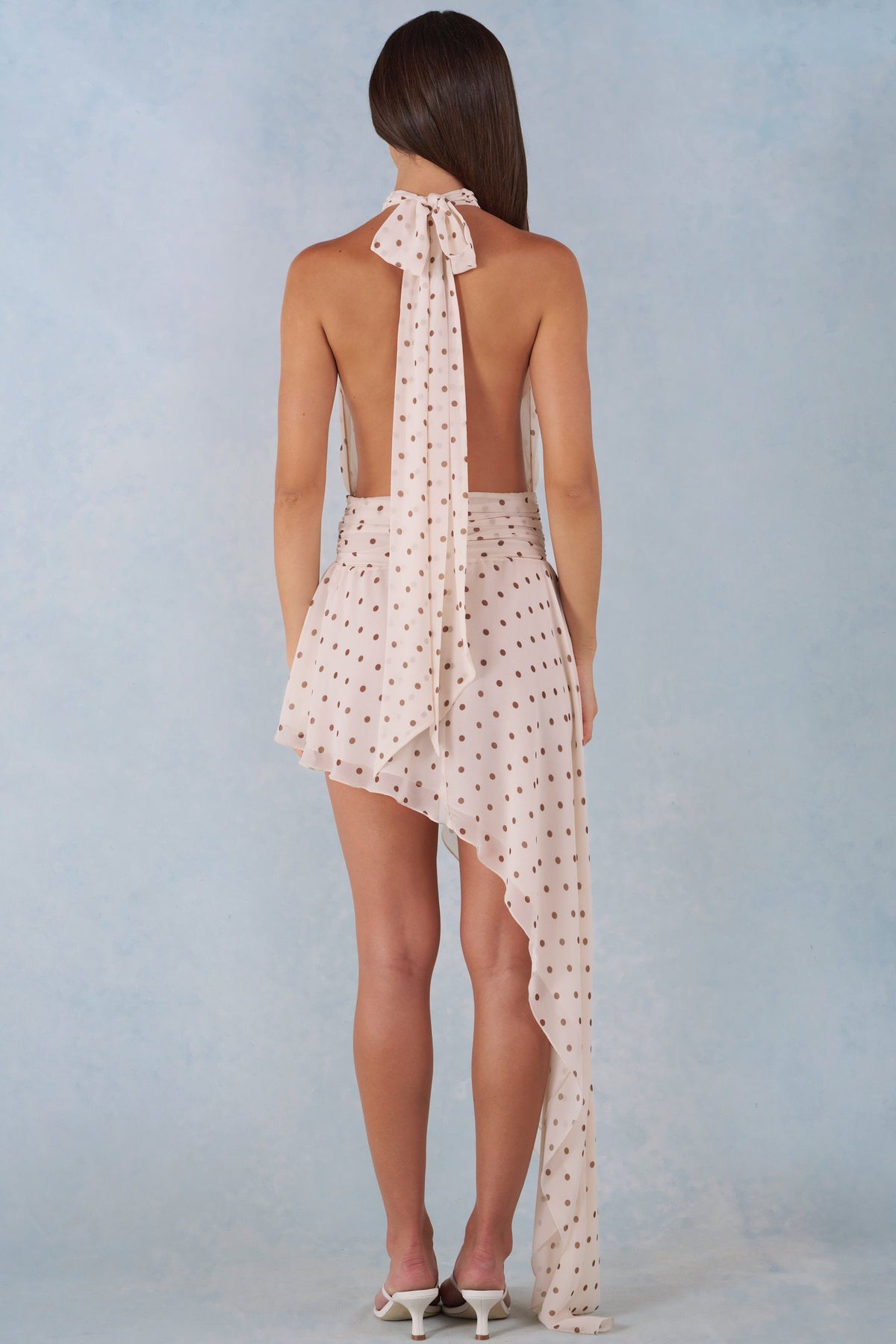 Halterneck Asymmetric Maxi Dress in Ivory Polka Dot Print
