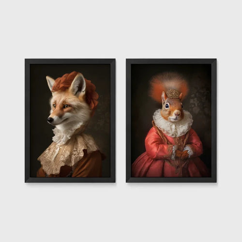 Set of 2 framed prints, animals in period noble dress: a fox in a lace collar; and a crowned squirrel in a pink dress — unframed
