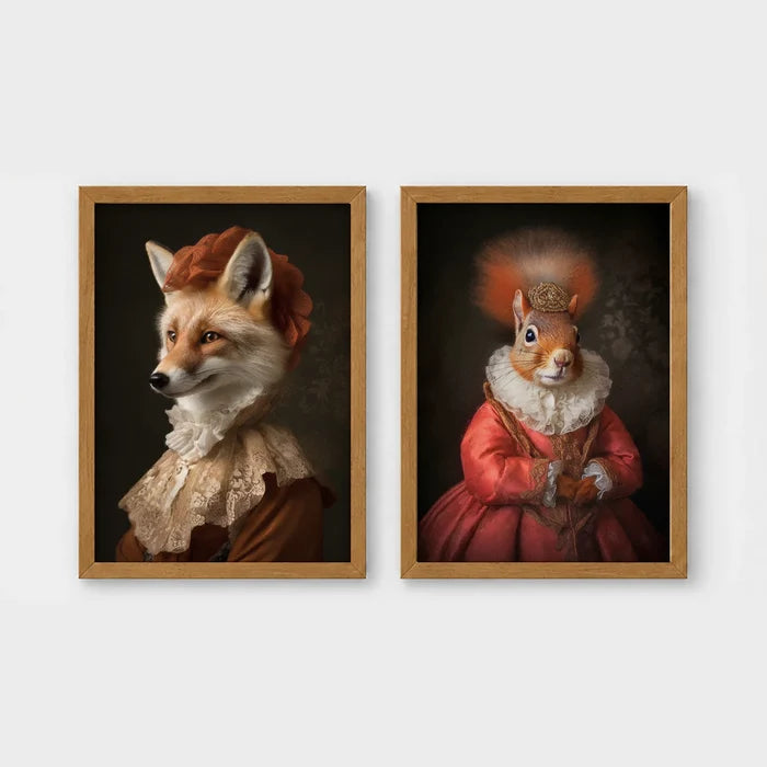 Set of 2 framed prints, animals in period noble dress: a fox in a lace collar; and a crowned squirrel in a pink dress — unframed