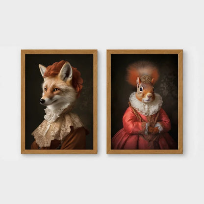 Set of 2 framed prints, animals in period noble dress: a fox in a lace collar; and a crowned squirrel in a pink dress — unframed
