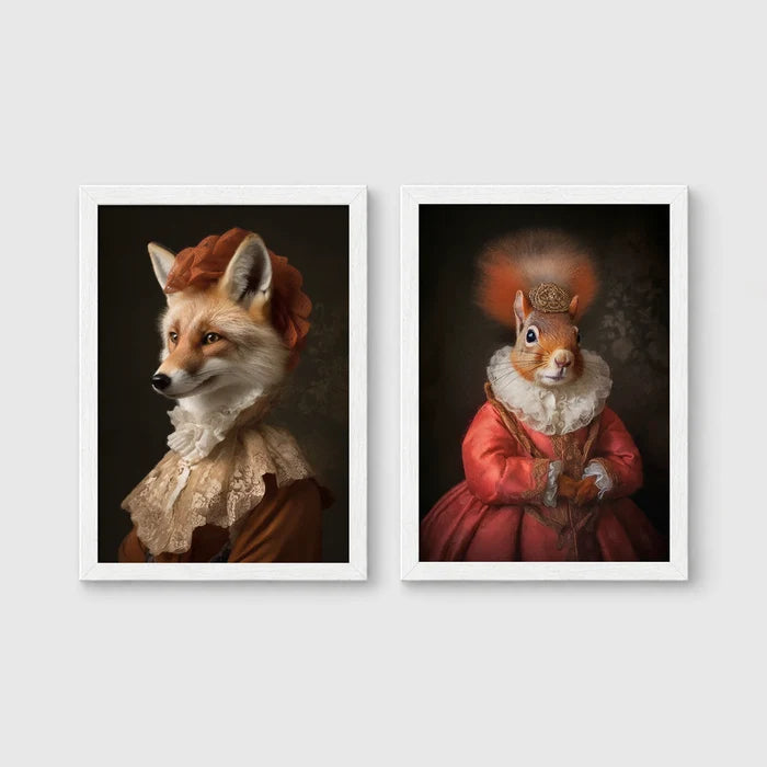 Set of 2 framed prints, animals in period noble dress: a fox in a lace collar; and a crowned squirrel in a pink dress — unframed