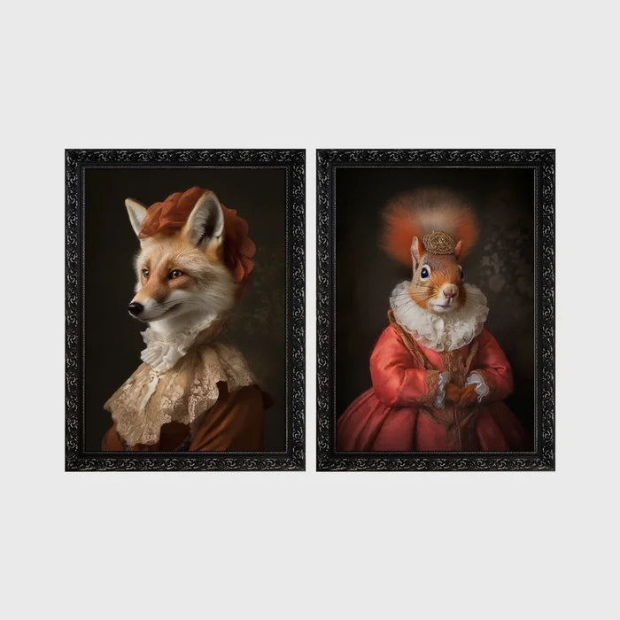 Set of 2 framed prints, animals in period noble dress: a fox in a lace collar; and a crowned squirrel in a pink dress — unframed