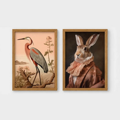 Set of 2 framed prints, animals in soft pastel tones: a heron illustration in a soft peach palette with florals; and a hare in a peach-toned noble collar — unframed