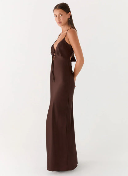 Flora Satin Maxi Dress - Chocolate