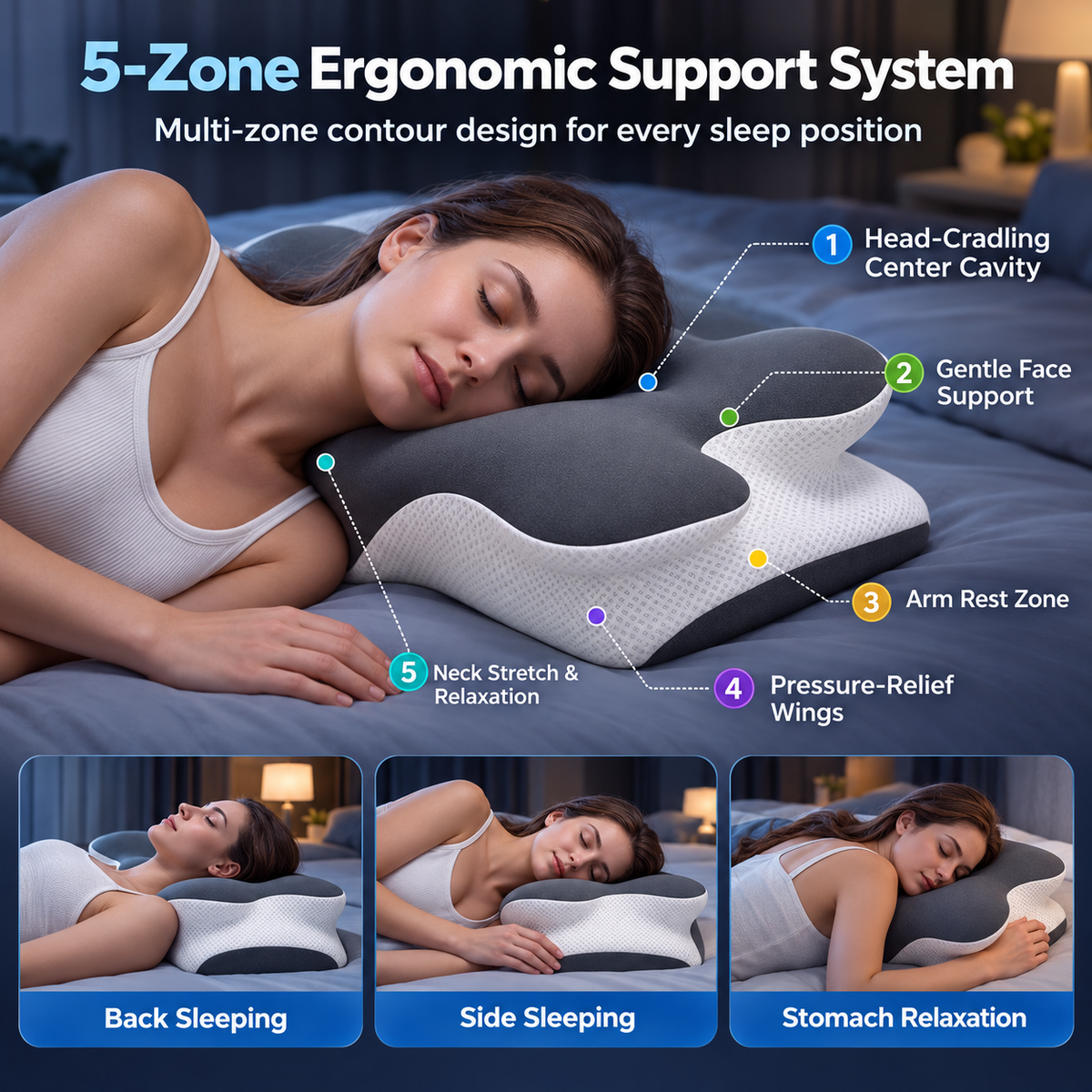 Dual-Sided Ergonomic Contour Pillow with Cooling Cover