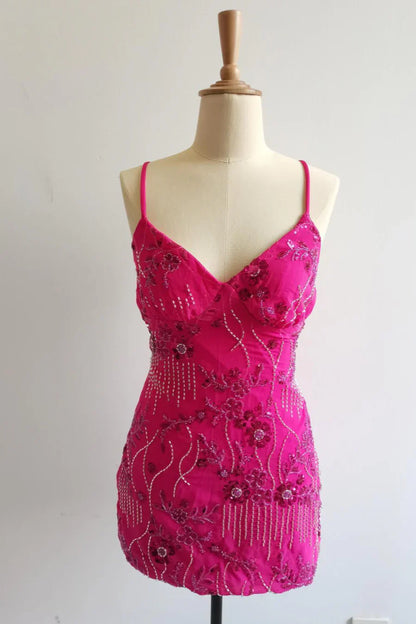 Pink Beaded Straps Fitted Mini Dress