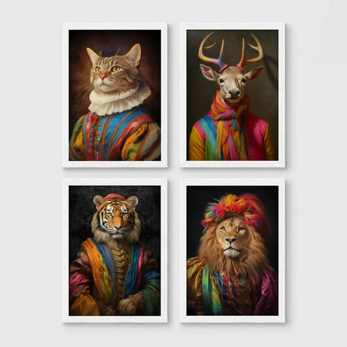 Set of 4 framed prints, animals in rainbow bohemian robes: a cat in a rainbow-striped robe; a stag in a rainbow-striped robe; a tiger in a rainbow-striped robe; and a lion in a rainbow-striped robe with a feathered headpiece — unframed