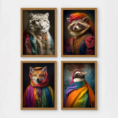 Set of 4 framed prints, animals in rainbow bohemian robes: a white tiger draped in colourful robes and jewellery; a raccoon in a turban and rainbow robe; a fox wrapped in a rainbow headscarf; and a penguin wrapped in a rainbow scarf — unframed