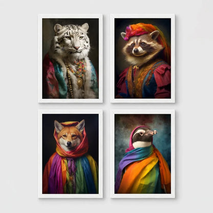 Set of 4 framed prints, animals in rainbow bohemian robes: a white tiger draped in colourful robes and jewellery; a raccoon in a turban and rainbow robe; a fox wrapped in a rainbow headscarf; and a penguin wrapped in a rainbow scarf — unframed