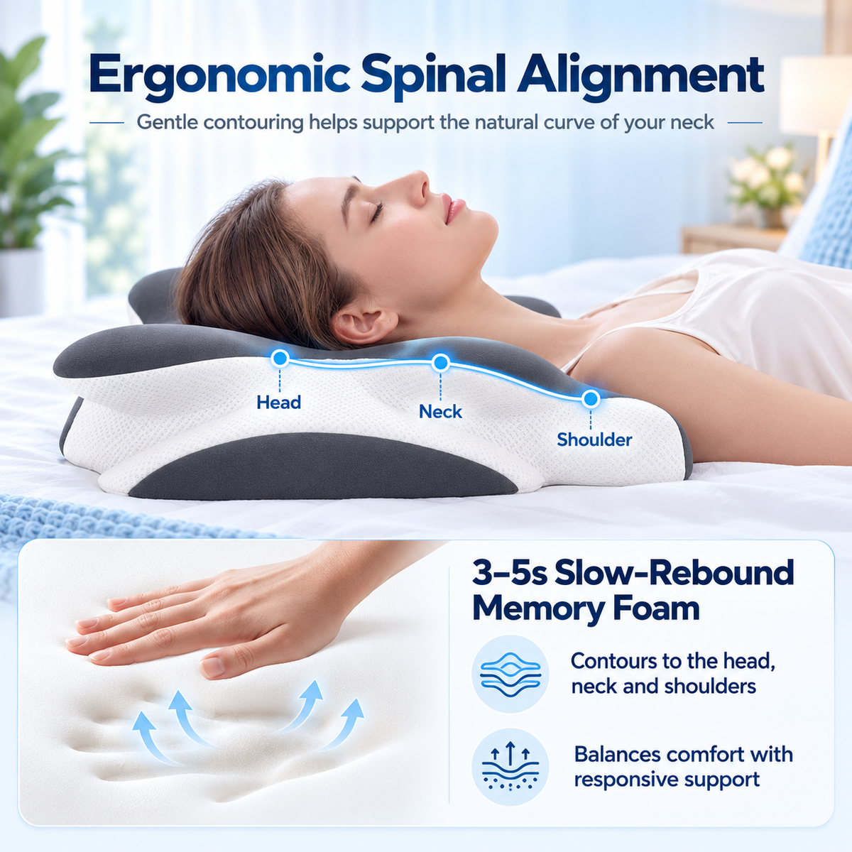 Dual-Sided Ergonomic Contour Pillow with Cooling Cover