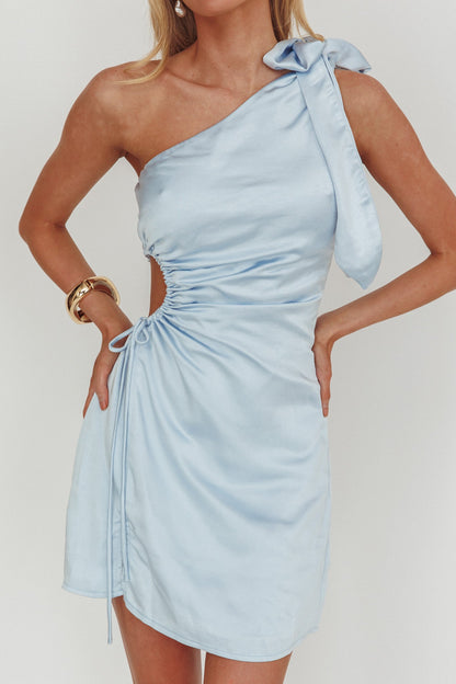 Analeigh One-Shoulder Keyhole Waist Mini Dress Baby Blue
