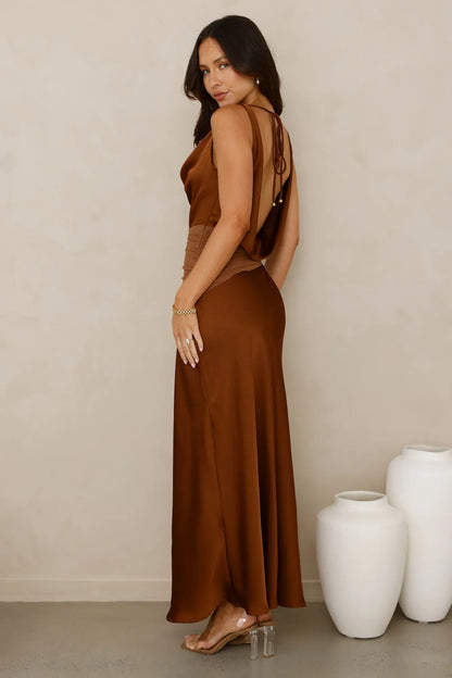 Celestial Spark Satin Maxi Dress Brown