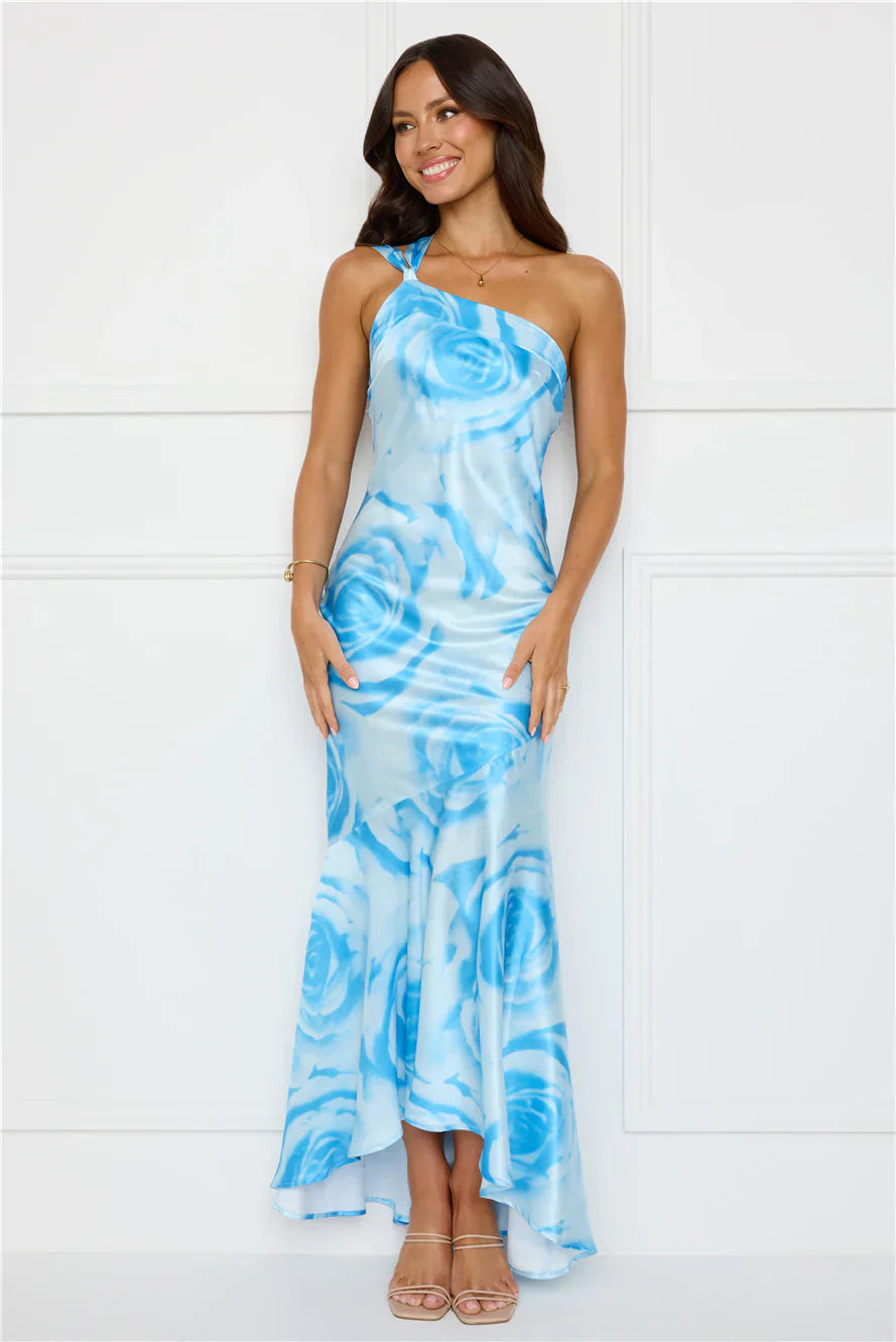 After Dark Allure One Shoulder Satin Maxi Dress Blue