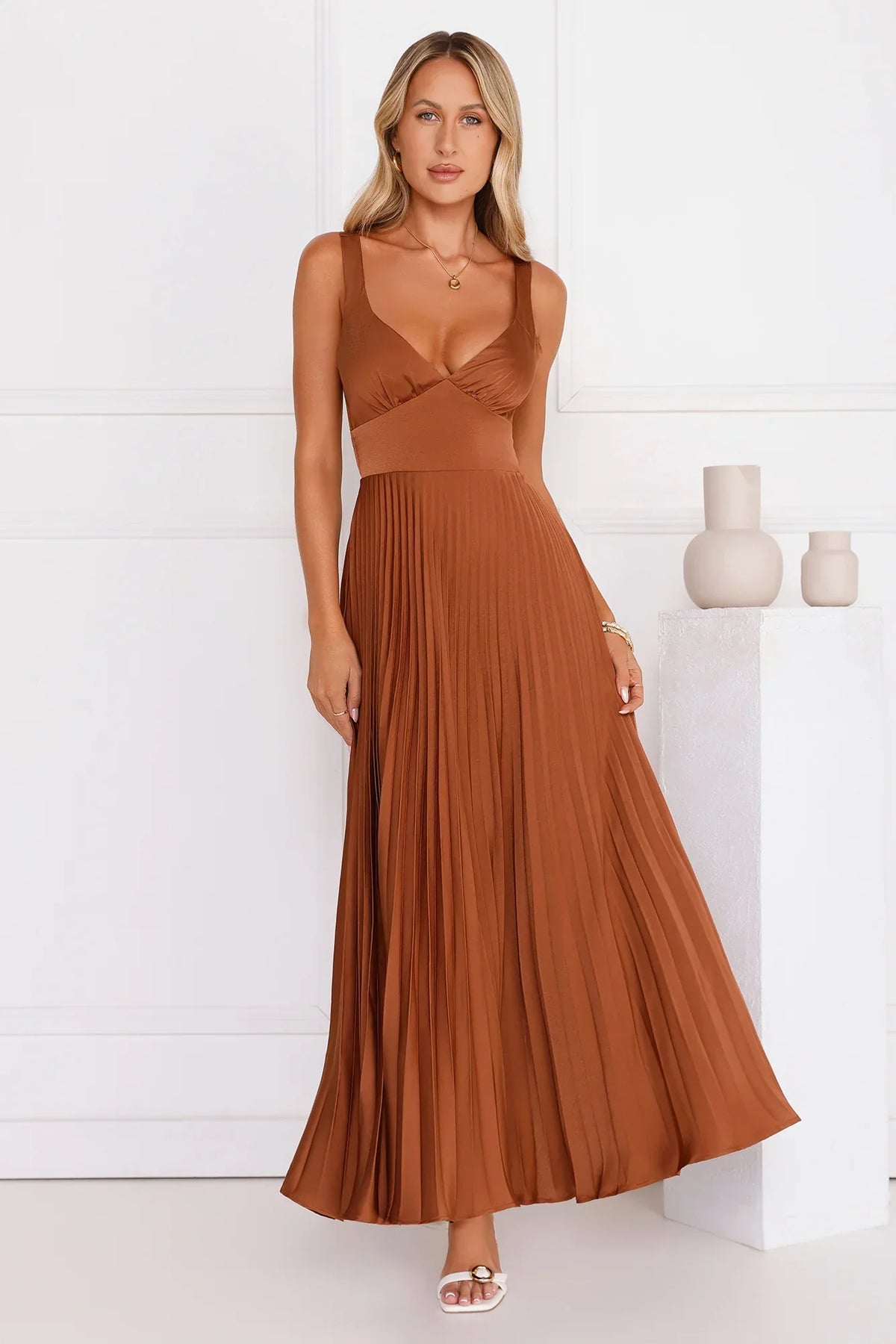 Evening Reverie Pleated Maxi Dress Brown