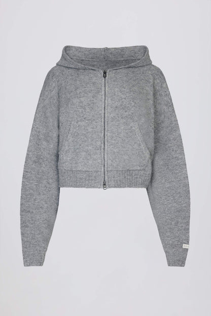 Soft Knit Zip-Up Cropped Hoodie in Grey