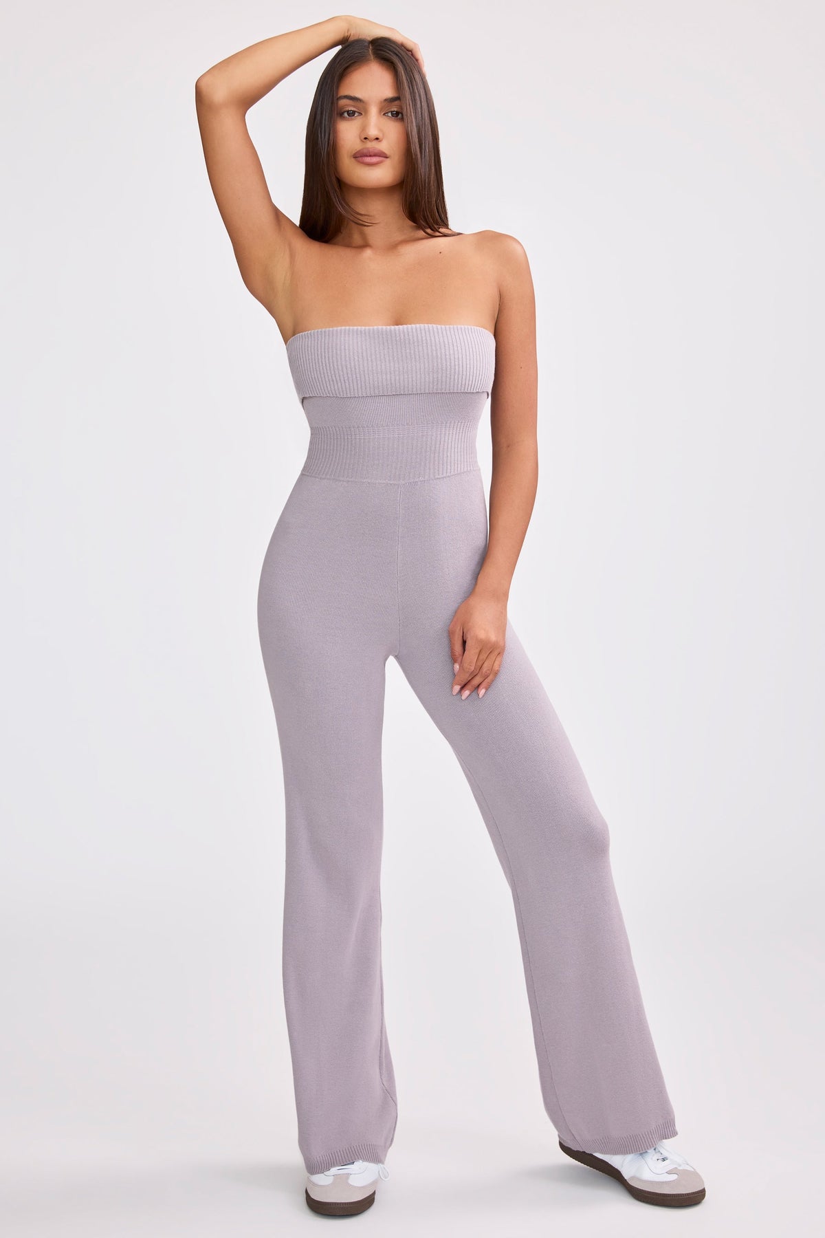 Chunky Knit Bandeau Kick Flare Jumpsuit in Dusty Lavender