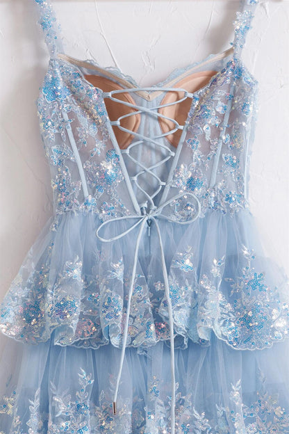 Off the Shoulder Light Blue Sequin Ruffles Long Formal Dress
