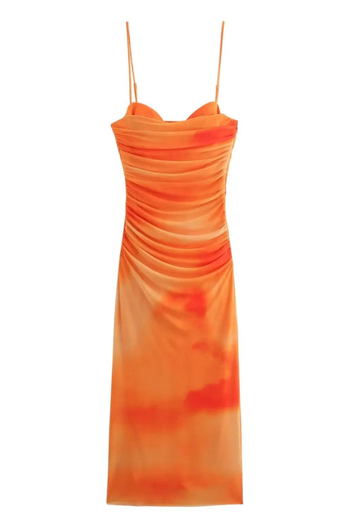 Orange Straps Print Draped Fitted Dress