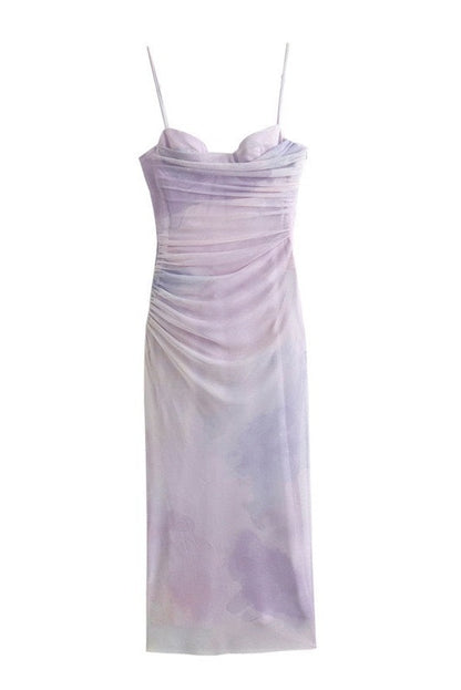 Orange Straps Print Draped Fitted Dress
