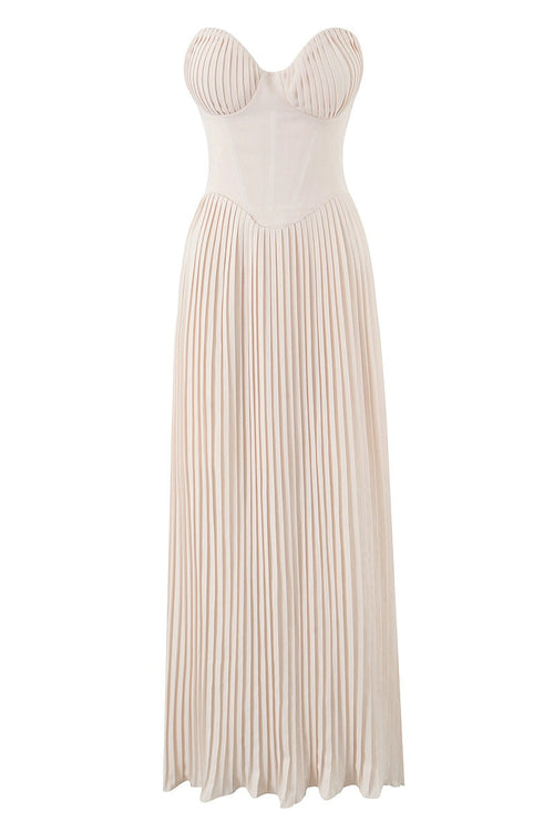 Beige Strapless Pleated Maxi Dress
