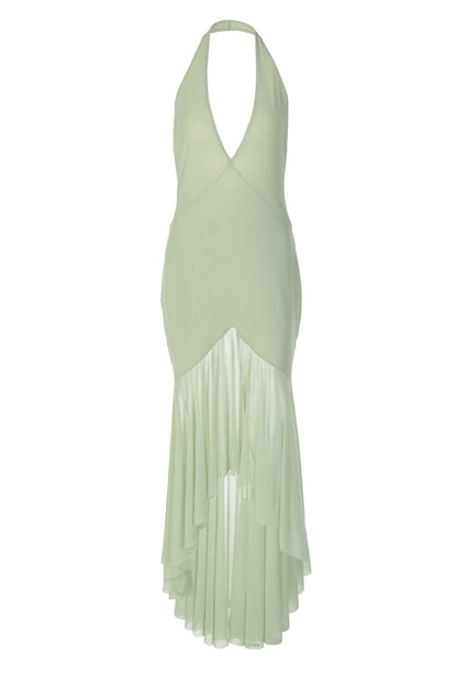 Halter Plunge Sage Fitted Maxi Dress