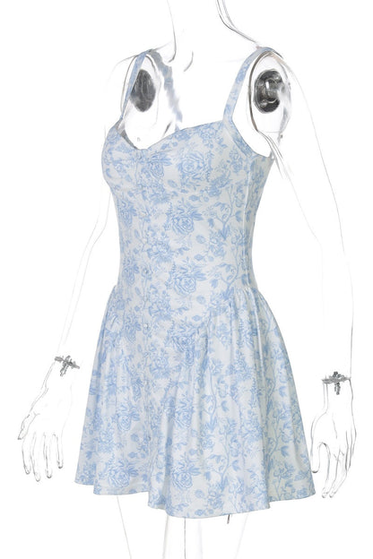 Blue Floral A-line Short Sundress