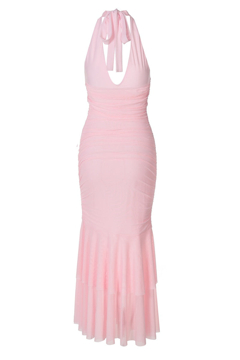 Halter Plunge Pink Fitted Ruffle Dress