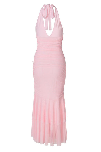 Halter Plunge Pink Fitted Ruffle Dress