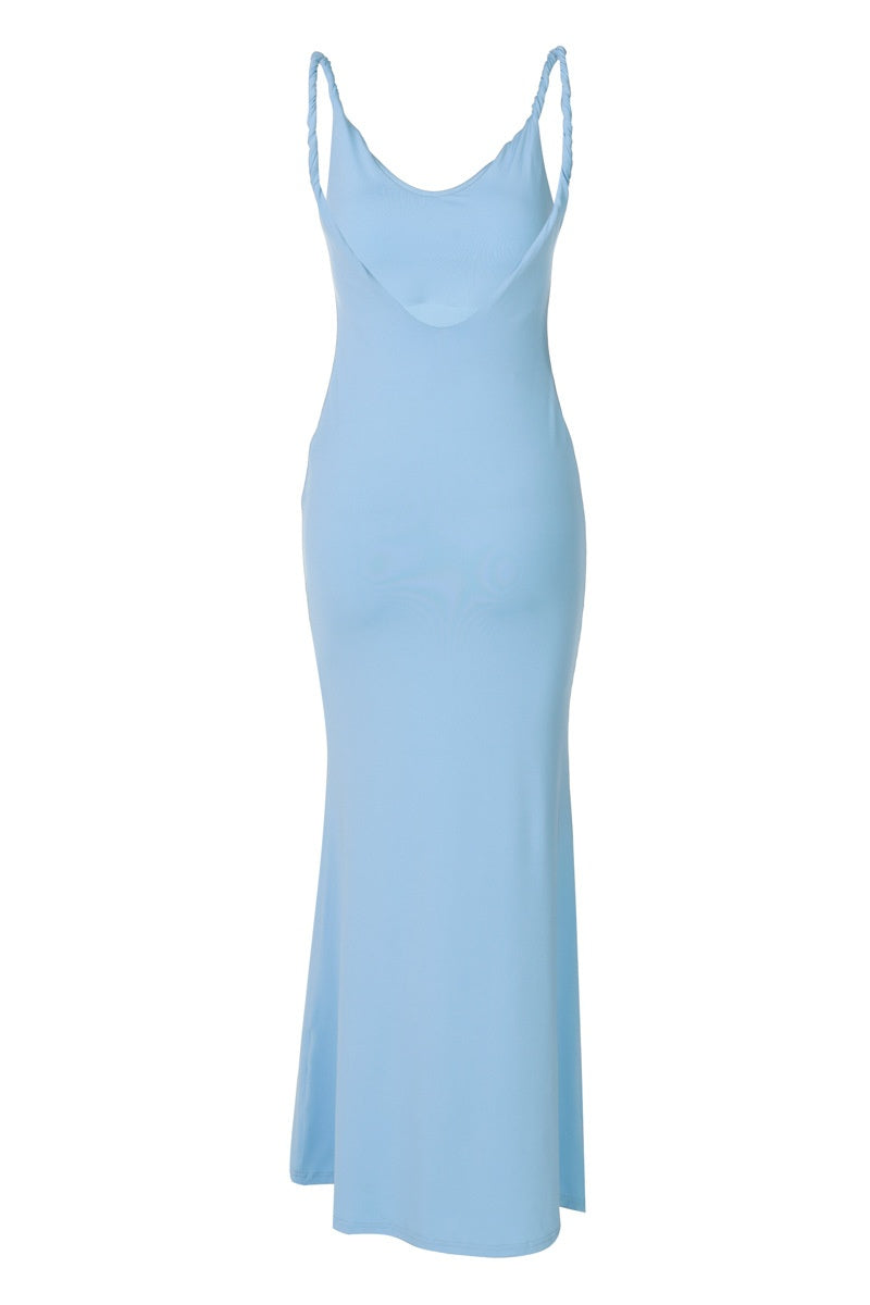 Blue Low Back Fitted Maxi Dress