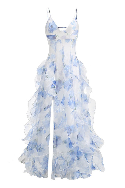 Blue Floral Straps Ruffle Slit Dress