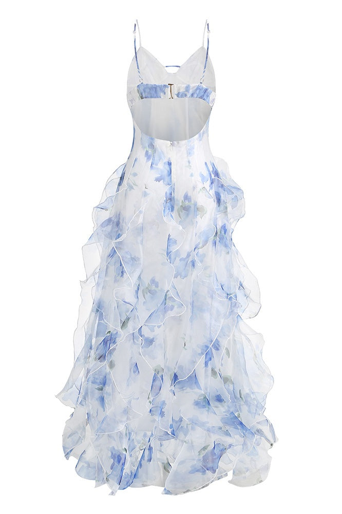 Blue Floral Straps Ruffle Slit Dress