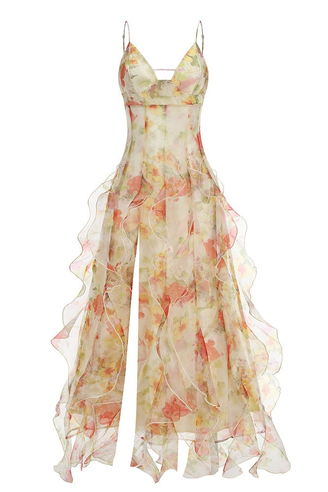 Blue Floral Straps Ruffle Slit Dress