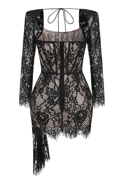 Long Sleeves Black Lace Tight Dress with Train