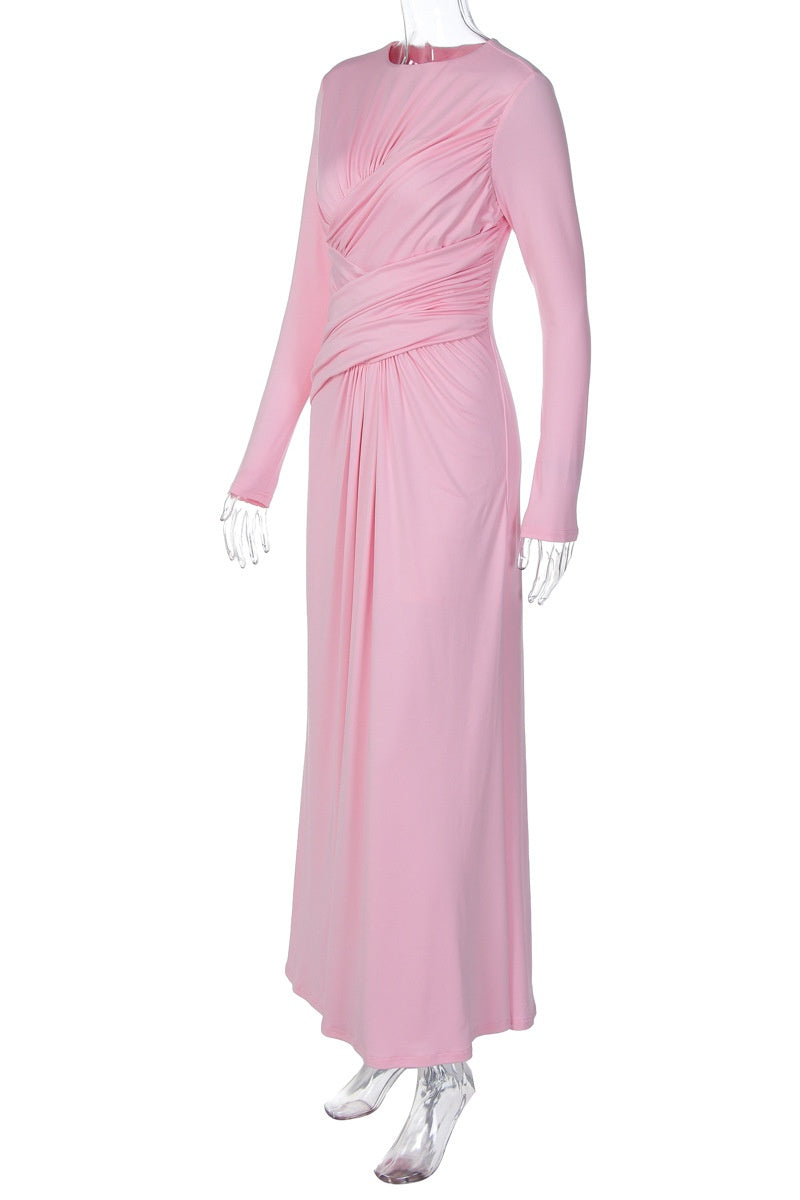 Long Sleeves Pink Ruched Long Dress
