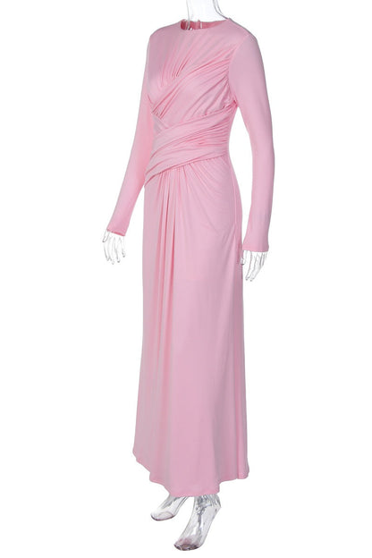 Long Sleeves Pink Ruched Long Dress