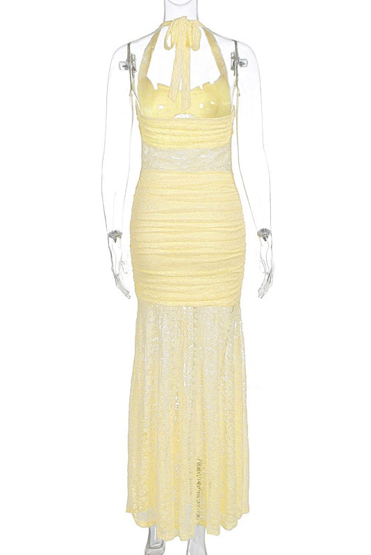 Light Blue Lace Halter Fitted Long Dress