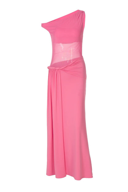 One Shoulder Hot Pink Sheer Long Dress