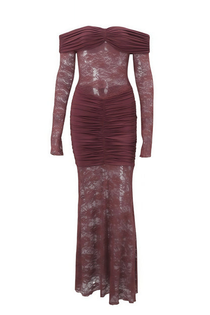Long Sleeves Brown Lace Sheer Mermaid Dress