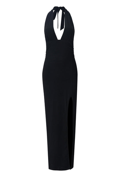 Halter Black Plunge Fitted Slit Dress