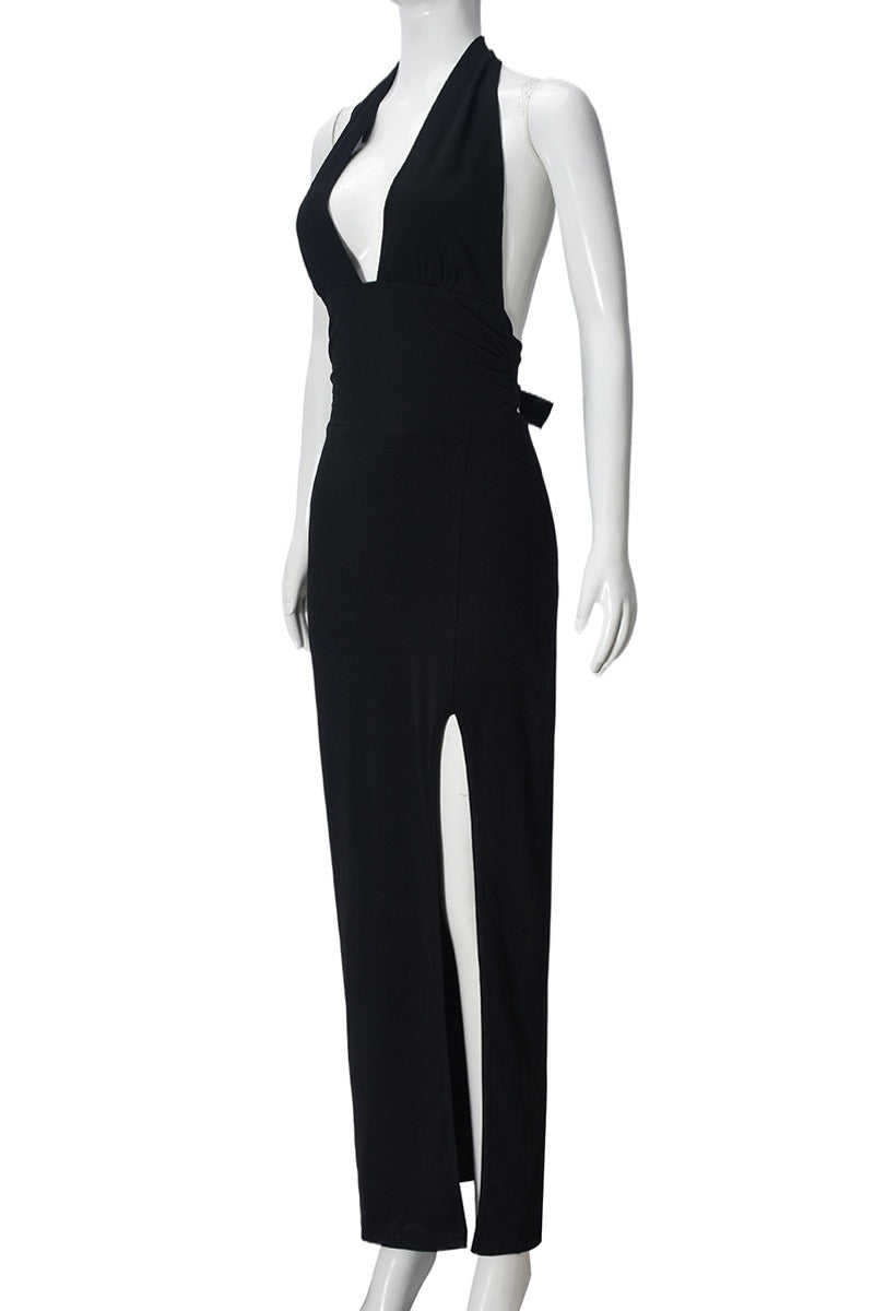Halter Black Plunge Fitted Slit Dress