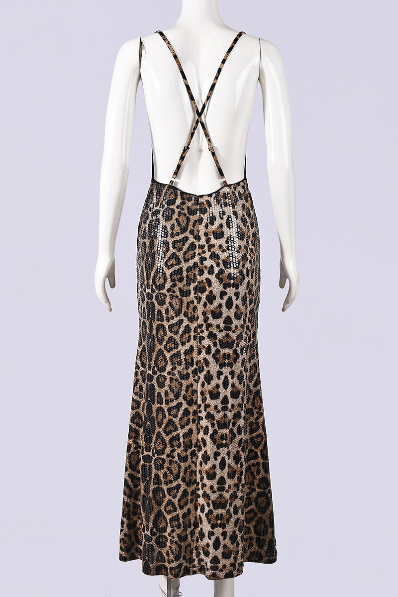 Leopard Sequin Cowl Neck Fitted Long Dress