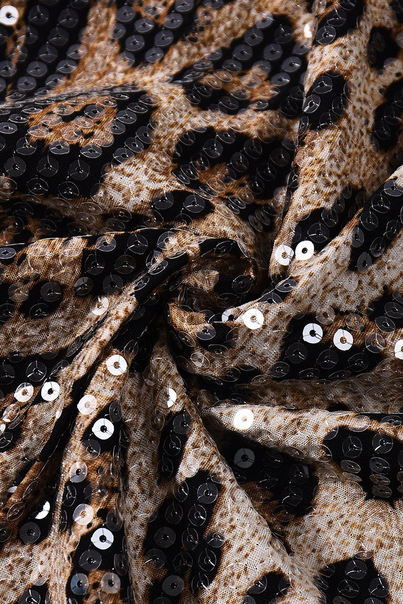 Leopard Sequin Cowl Neck Fitted Long Dress