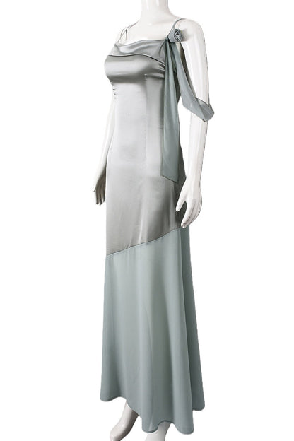 Misty Blue Staps Satin Fitted Long Dress
