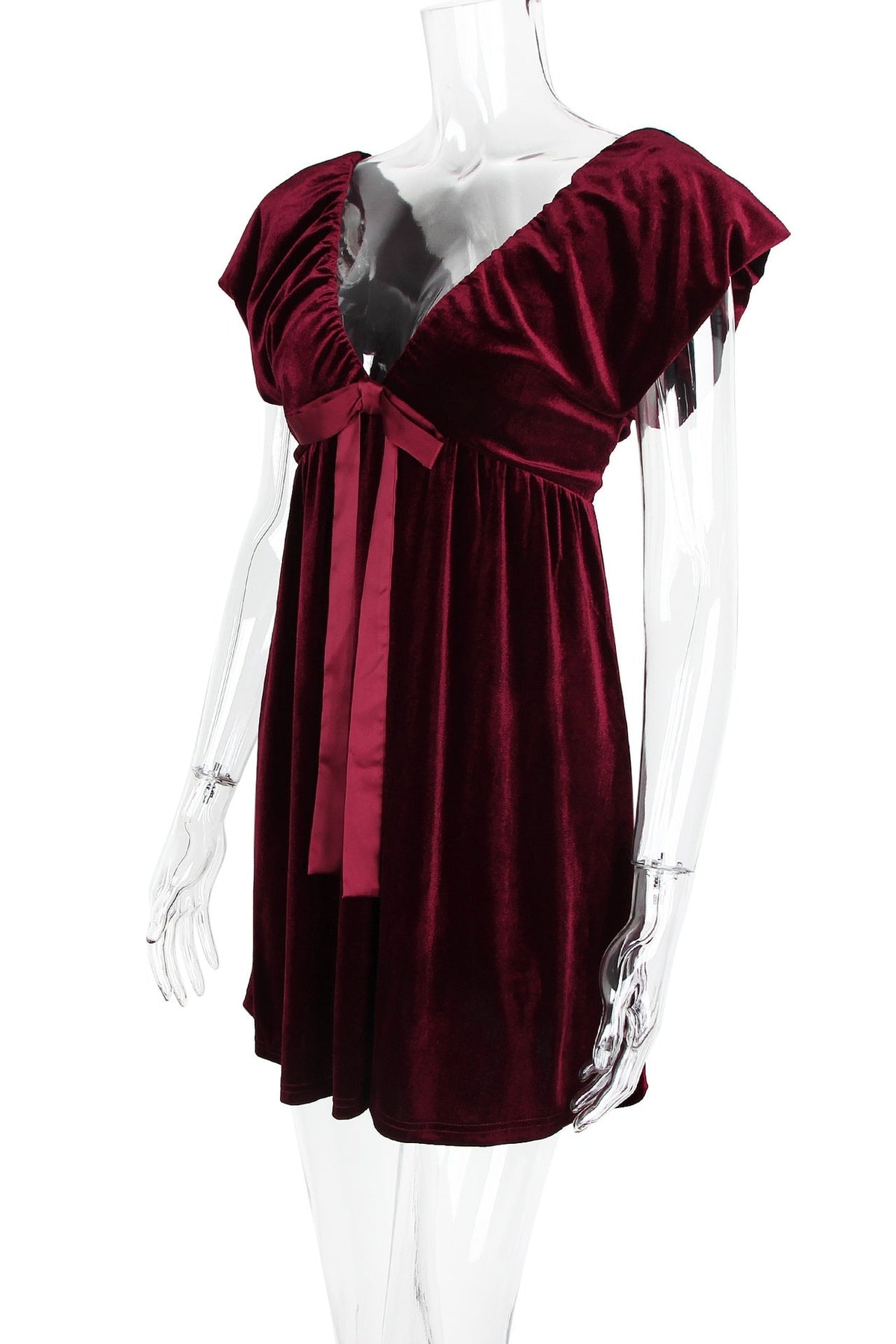 Burgundy Velvet Cap Sleeves Short Dress