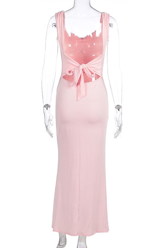 Pink Cowl Neck Fitted Slit Long Dress