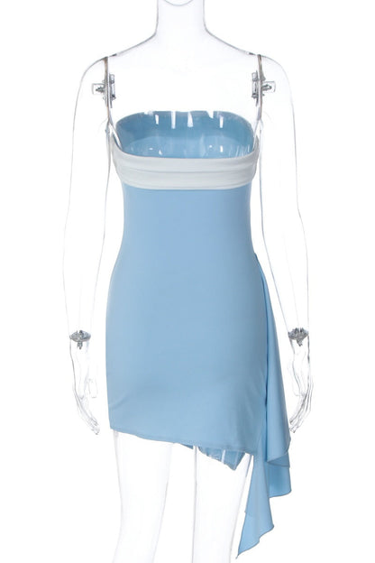 Blue Strapless Ruched Tight Mini Dress