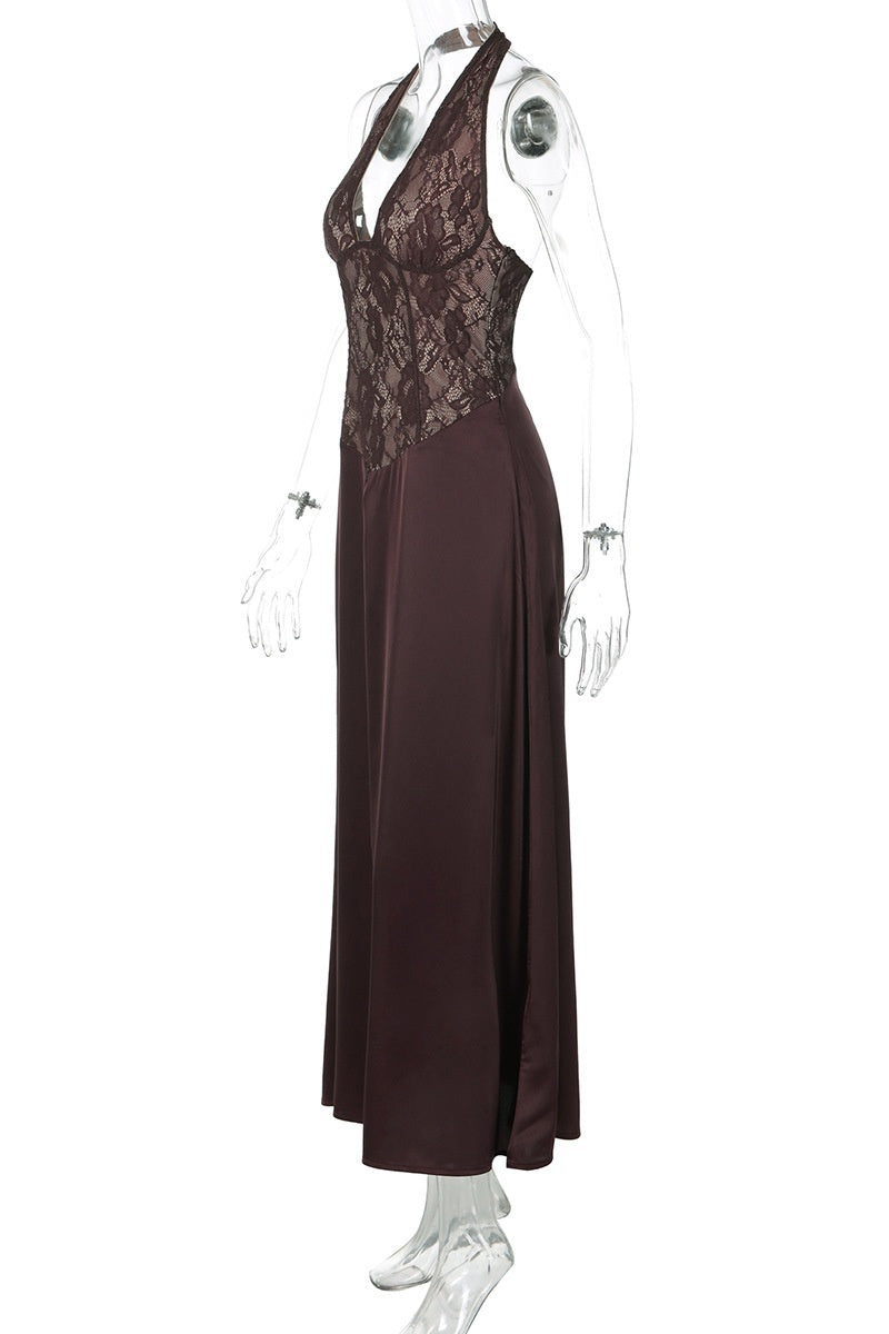 Halter Brown Lace Column Long Dress