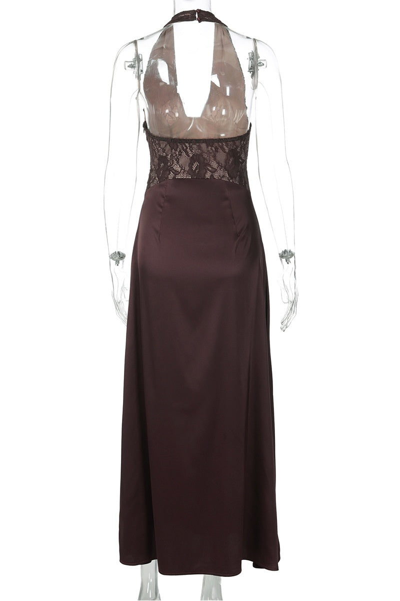 Halter Brown Lace Column Long Dress